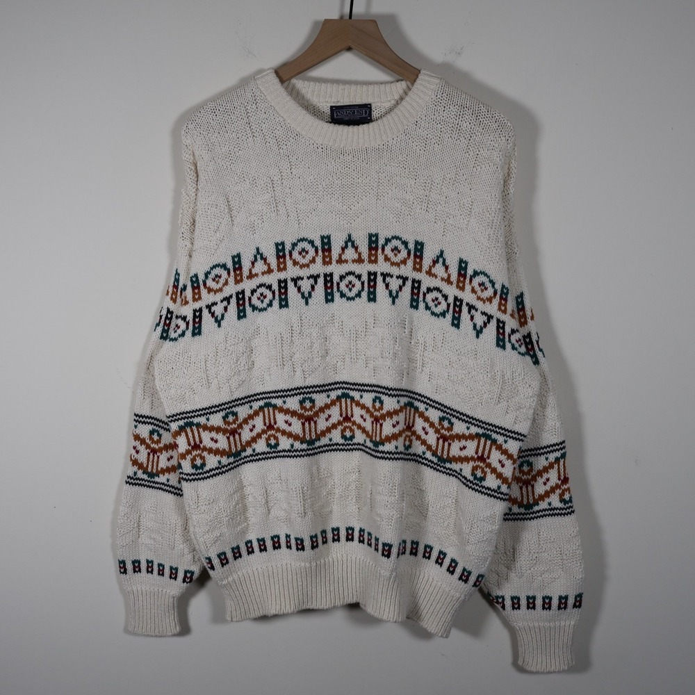 Vintage Lands End Geometric Chunky Knit Sweater‎ Ivory Men's Large 22.5x28